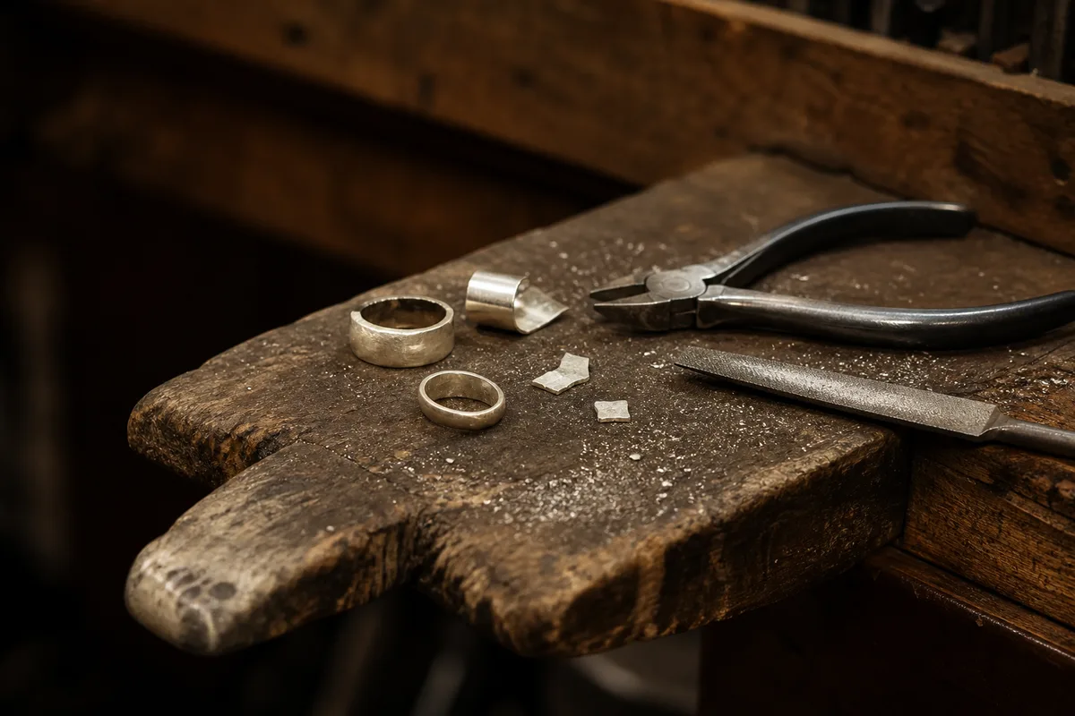 Établi de bijoutier avec petites pièces en argent et outils en acier, lumière chaude latérale