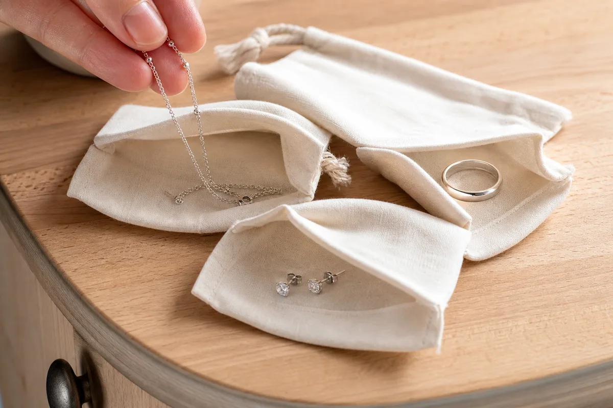 Bijoux en argent et titane rangés séparément dans des pochettes de tissu, lumière douce