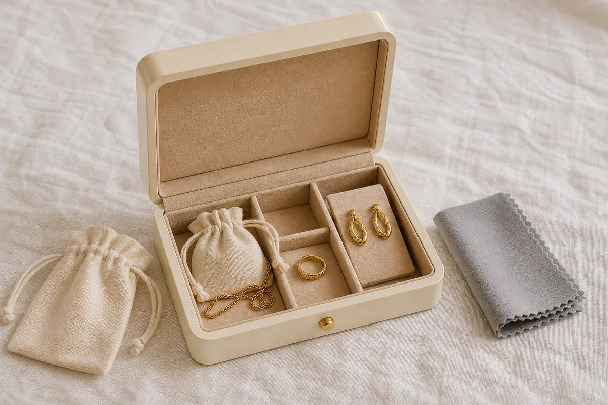 Écrin ouvert avec pochettes en tissu et bijoux dorés rangés séparément