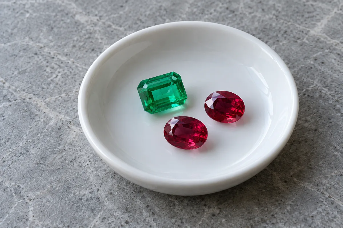 Une émeraude taillée à degrés et deux rubis ovales non montés dans une coupelle de porcelaine blanche