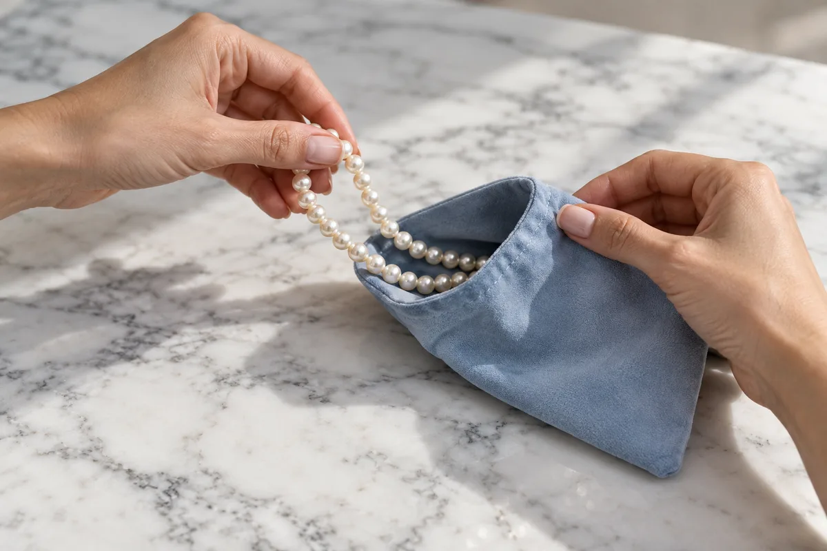 Mains glissant un collier de perles fines dans une pochette en suédine bleu pâle