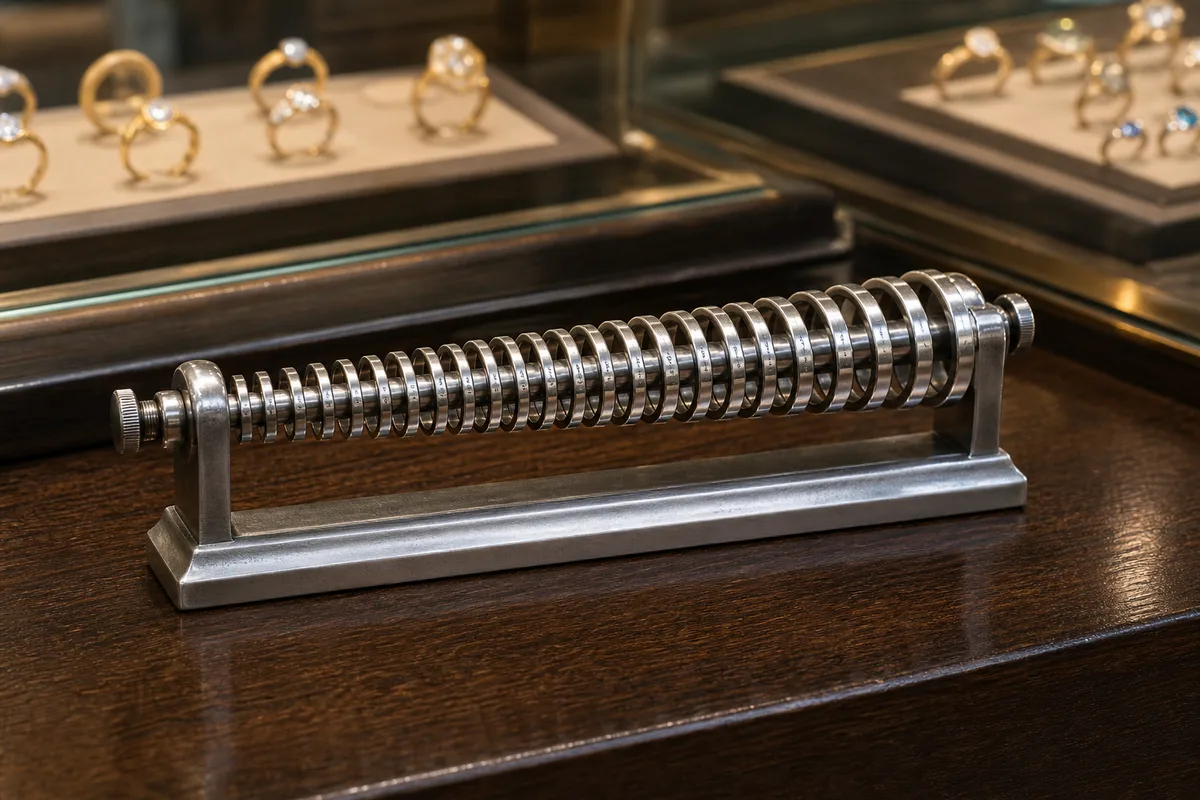Baguier de bijoutier avec anneaux calibrés alignés par taille sur un comptoir de boutique