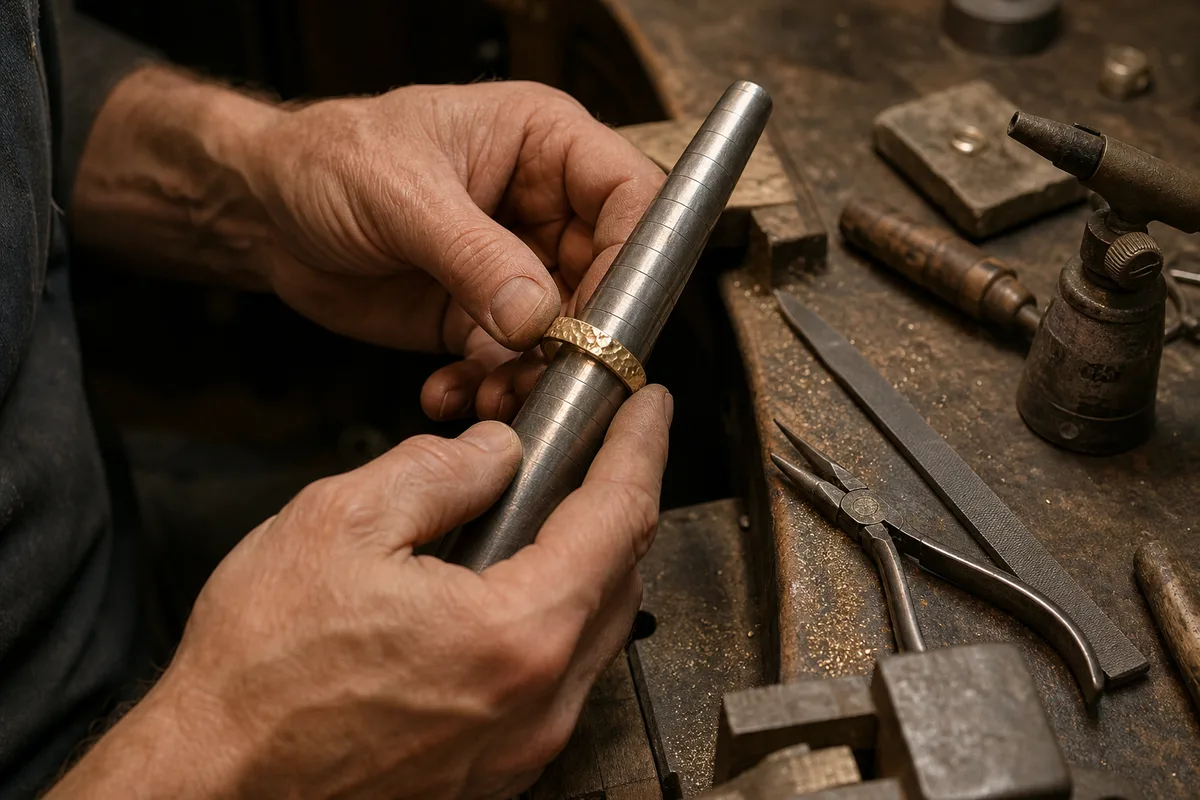 Bijoutier ajustant une bague en or à l’établi avec des outils de mise à taille