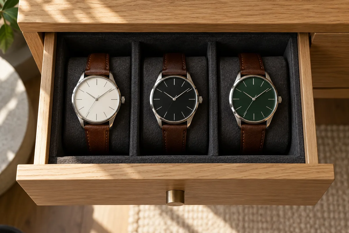 Tiroir garni de velours gris où reposent trois montres automatiques portées en alternance