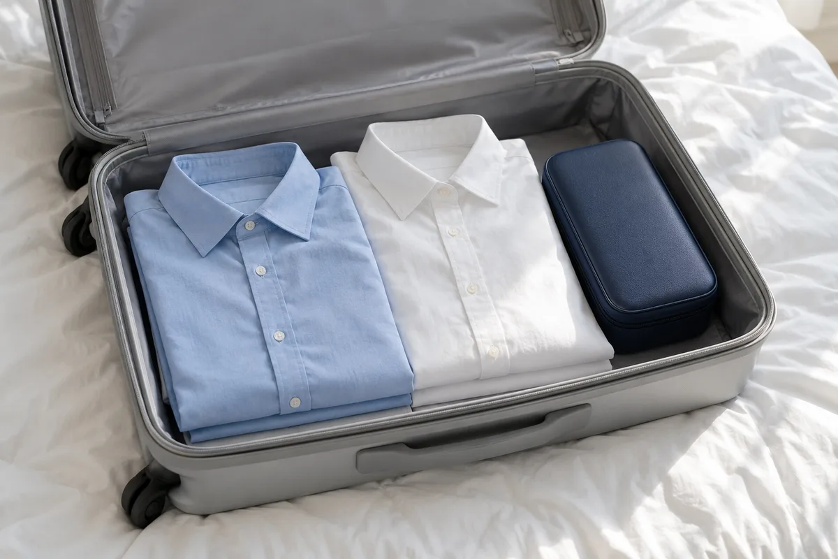 Écrin de voyage en cuir bleu marine rangé dans une valise ouverte